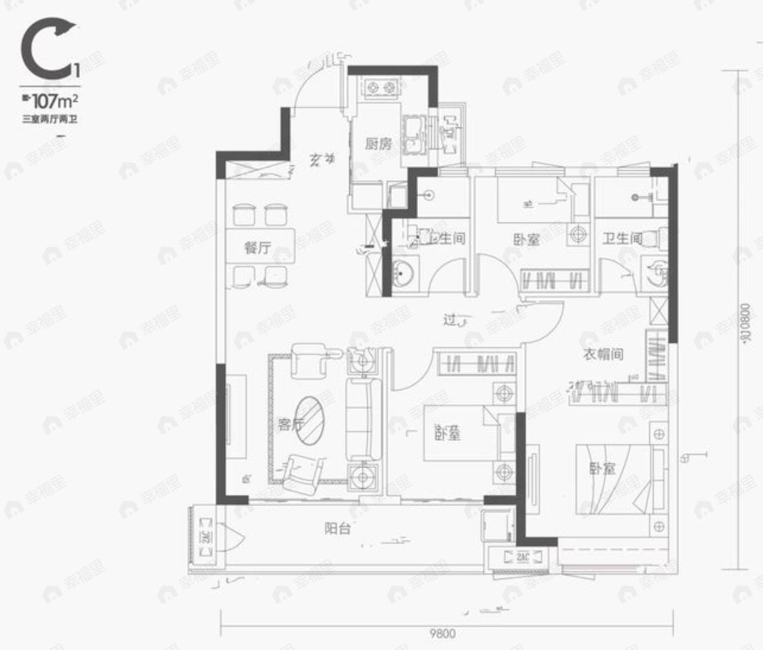 江上雲境3室2厅2卫户型图