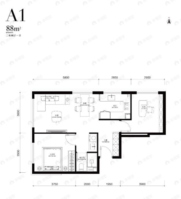 2室2厅1卫建面88平undefined户型图