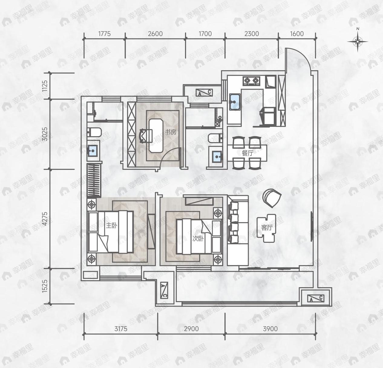 3室2厅2卫建面110m²南户型图