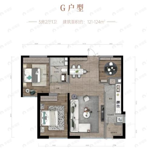 宝能GFC3室2厅1卫户型图
