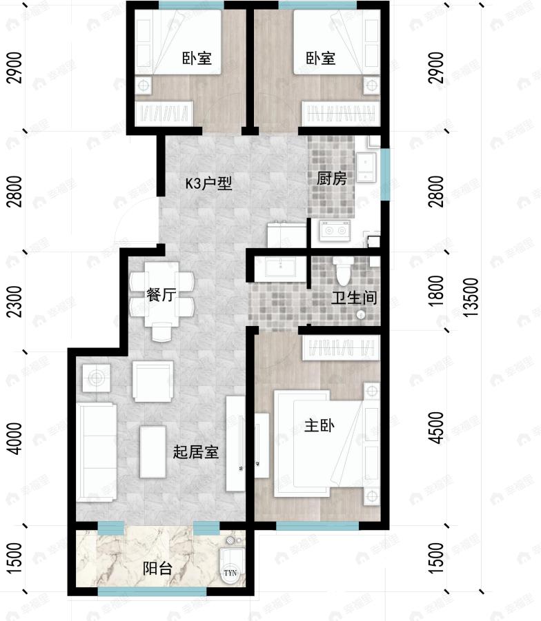 成龙学府·悦城3室2厅1卫户型图