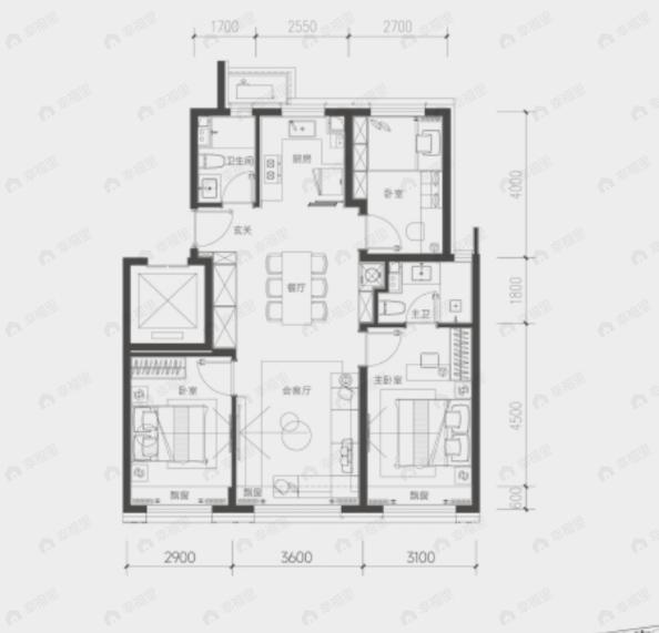 3室2厅2卫建面113m²户型图