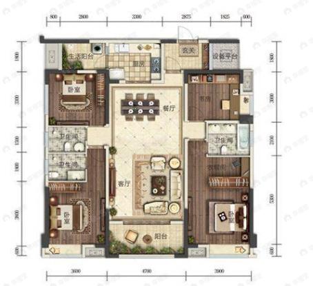 4室2厅3卫建面160平南户型图