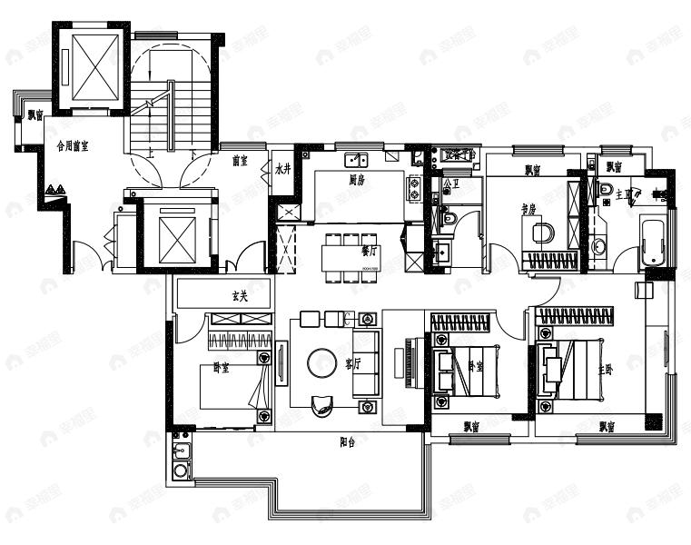 4室2厅2卫建面157平北|南户型图