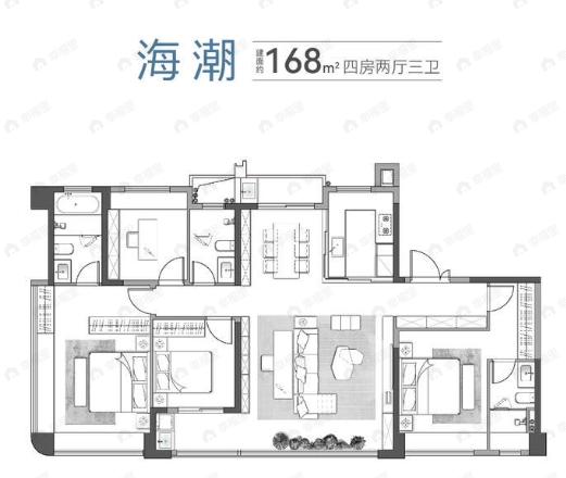 4室2厅3卫建面168m²南户型图