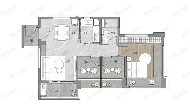 1室2厅1卫建面68m²北|东北户型图