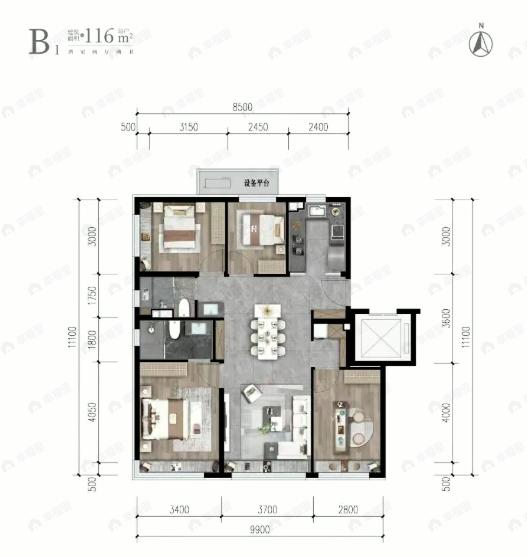 4室2厅2卫建面116平东|南|北户型图
