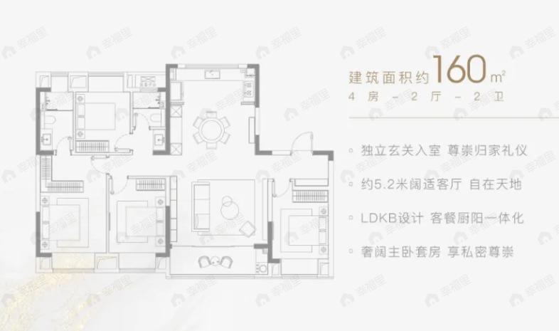 4室2厅2卫建面160m²南户型图