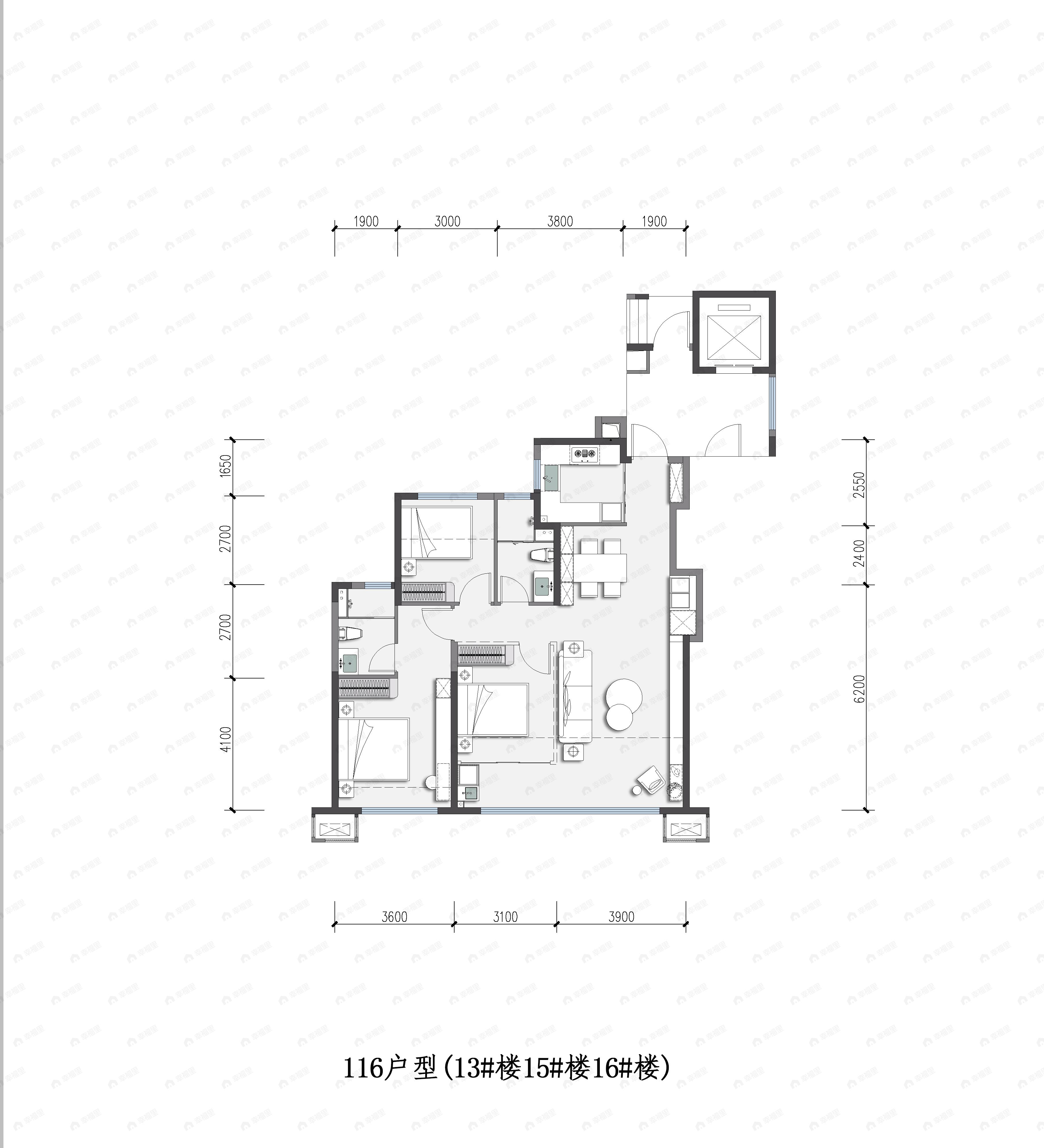 3室2厅2卫建面116平户型图
