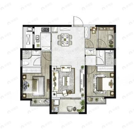 3室2厅2卫建面97平北|南户型图
