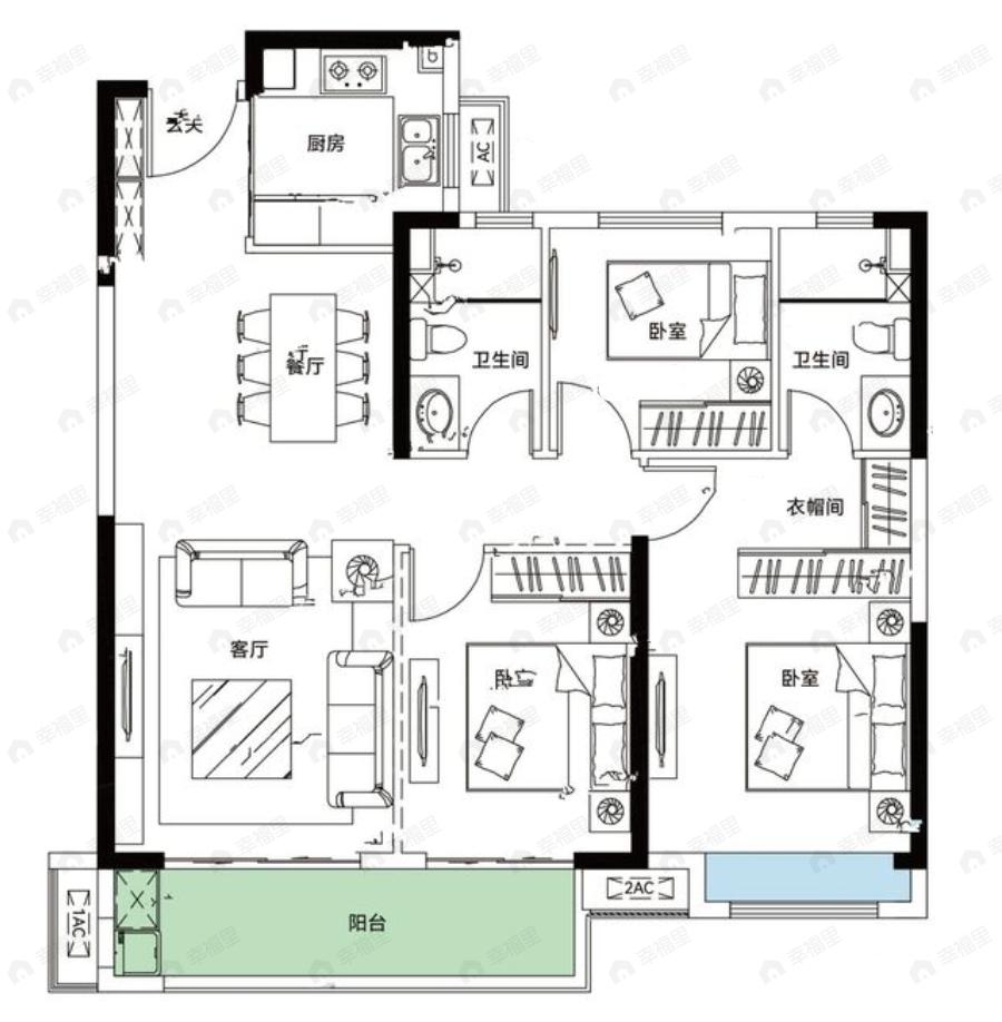 福星惠誉·琛境3室2厅2卫户型图