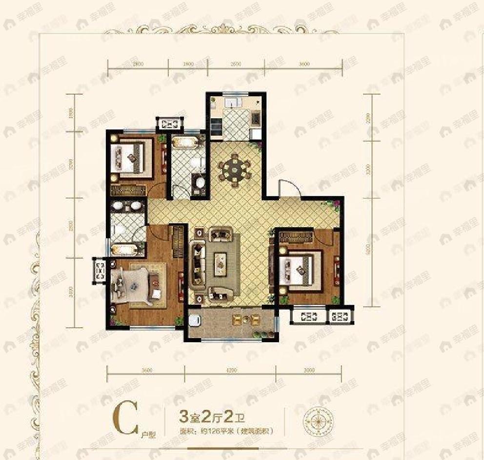 3室2厅2卫建面126平户型图