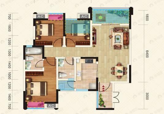 龙都国际3室2厅2卫户型图