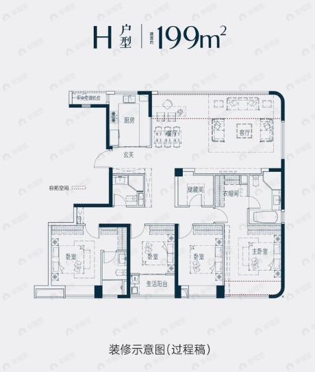 5室2厅3卫建面199平南户型图