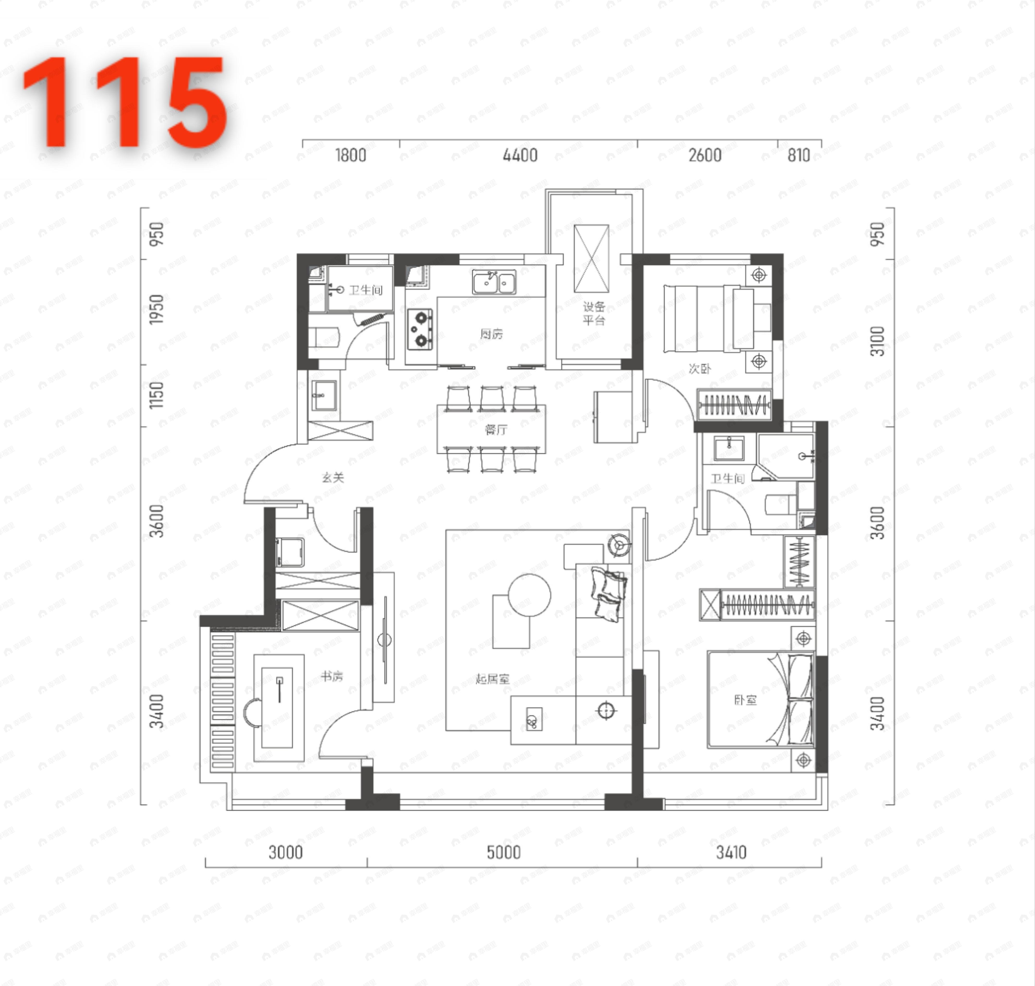 3室2厅2卫建面115平户型图