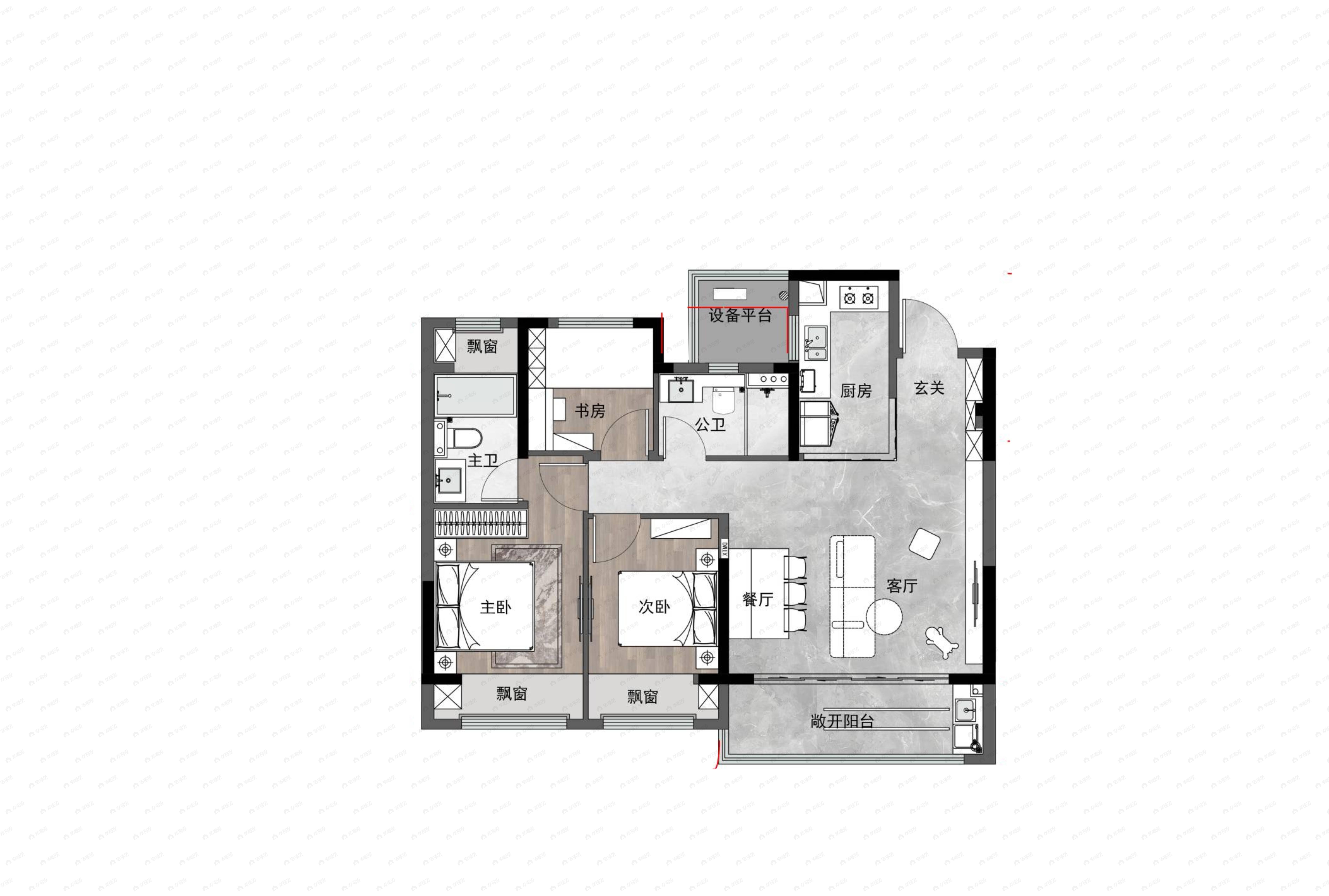 3室2厅2卫建面108平户型图