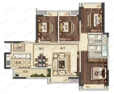 4室2厅2卫建面128平南户型图