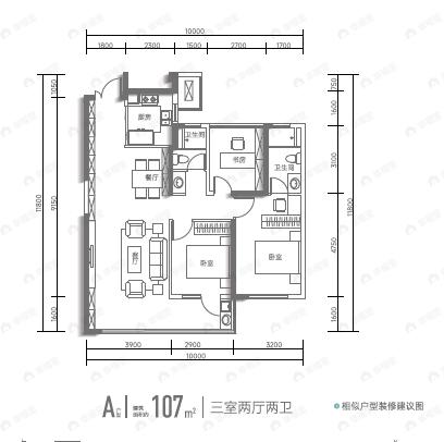 3室2厅2卫建面107平户型图