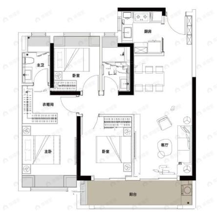 凯德·淮海壹号3室2厅2卫户型图