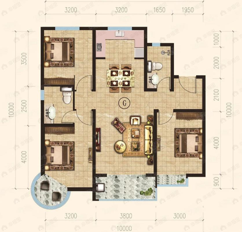 3室2厅2卫建面123平南|北户型图
