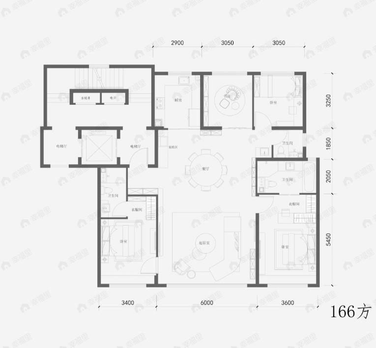 4室2厅3卫建面166平北|南户型图