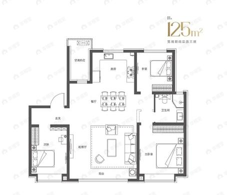 3室2厅1卫建面125平南|北户型图
