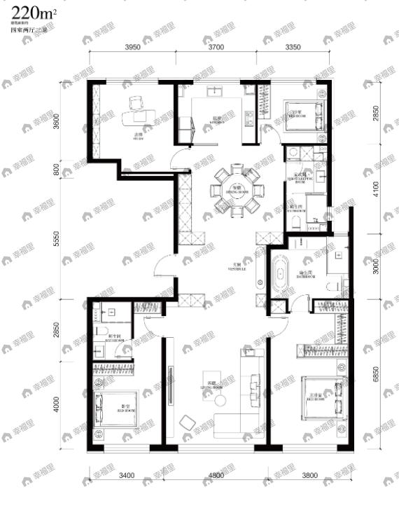 4室2厅3卫建面220平南|北户型图