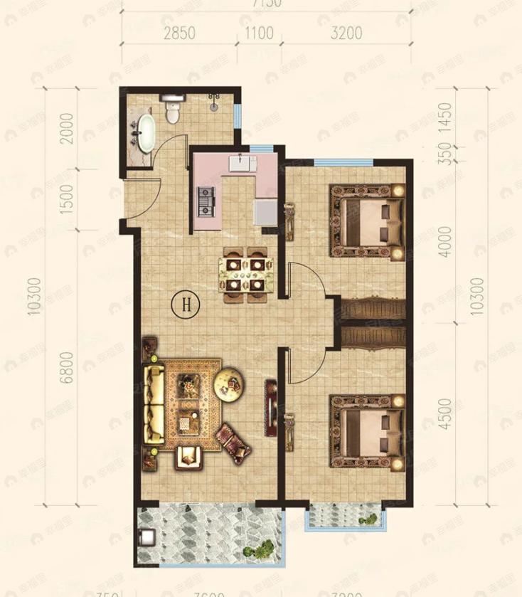 2室2厅1卫建面90平南|北户型图