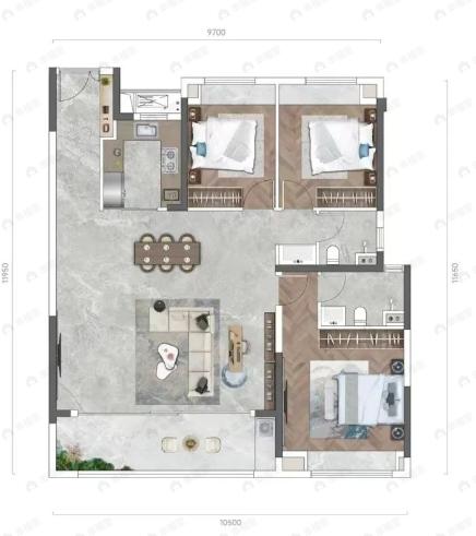 中建壹品汉芯公馆3室2厅2卫户型图