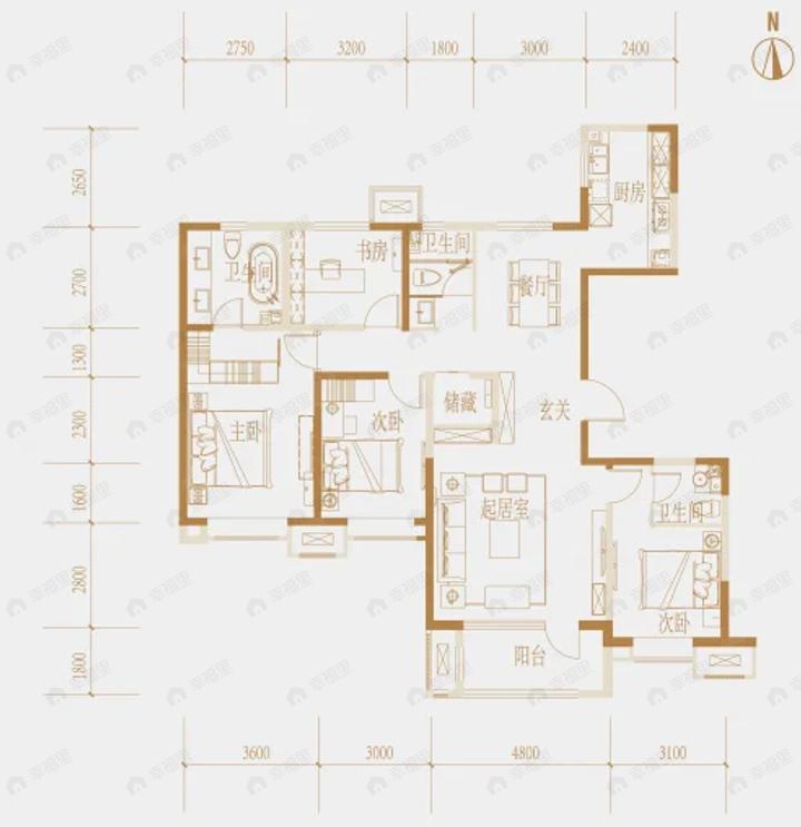 4室2厅3卫建面180平户型图