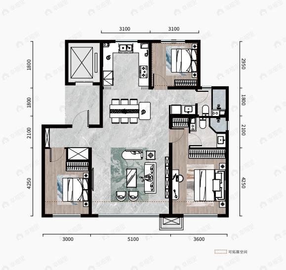 3室2厅2卫建面115平户型图