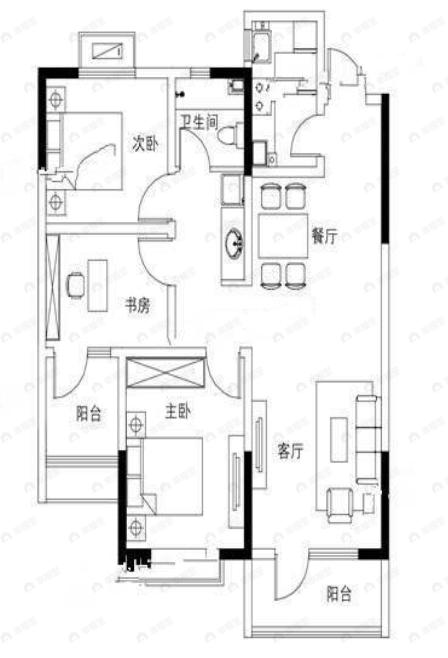 3室2厅1卫建面108平南户型图