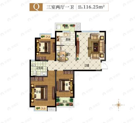3室2厅1卫建面116平undefined户型图