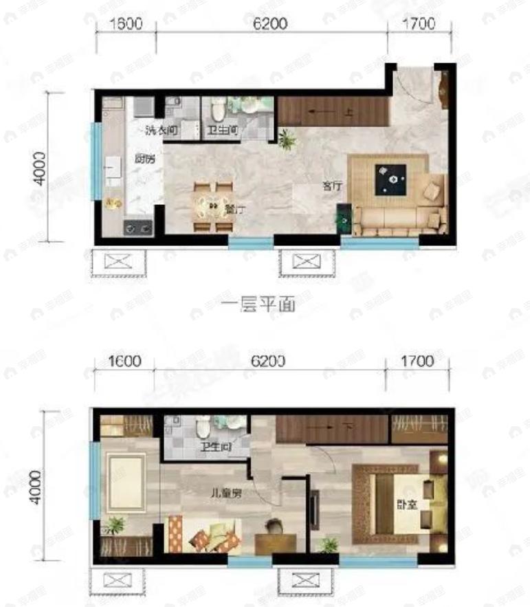 2室2厅1卫建面55平东|西户型图