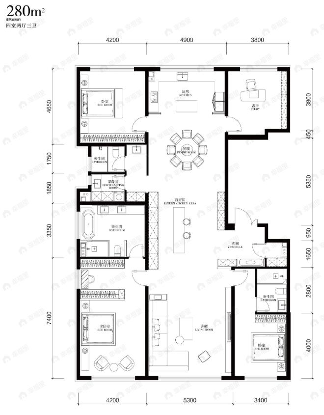 4室2厅3卫建面280平南|北户型图