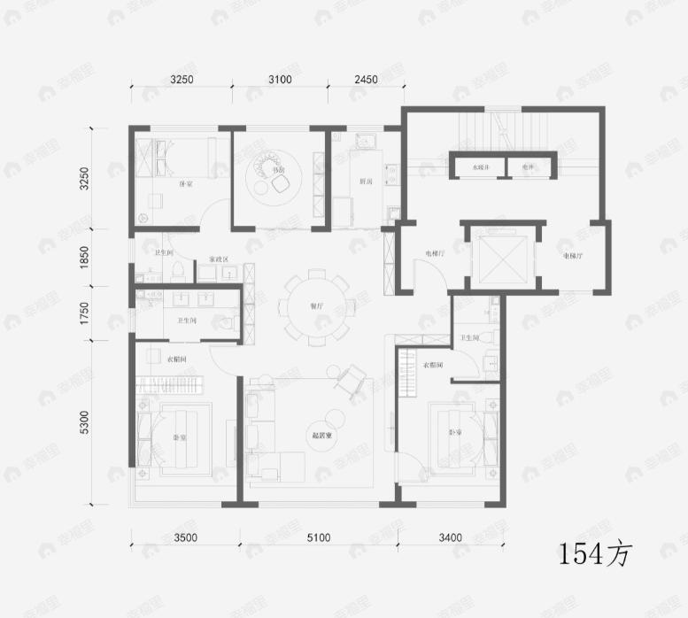 4室2厅3卫建面154平北|南户型图