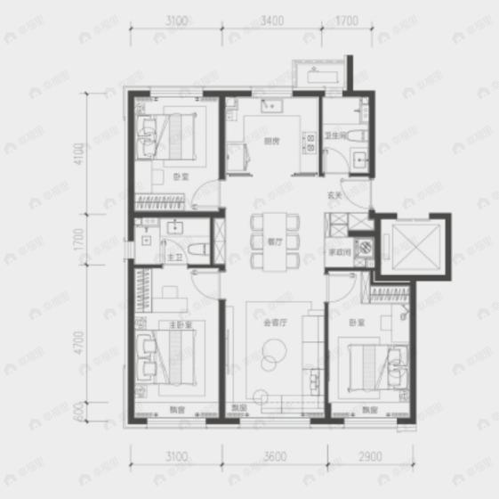 3室2厅2卫建面117m²南|北户型图