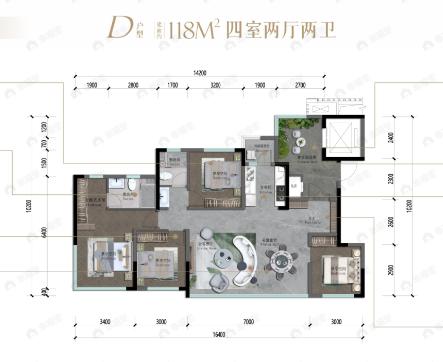 正黄尧顺·锦绣潮鸣4室2厅2卫户型图