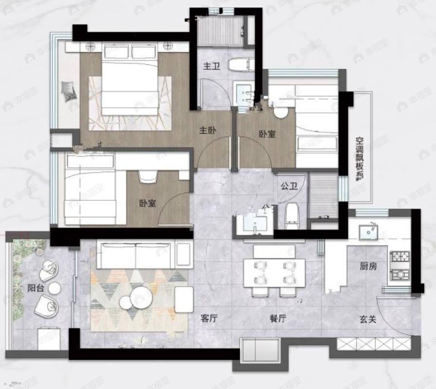 3室2厅2卫建面89平户型图