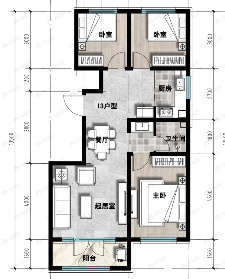 成龙学府·悦城3室2厅1卫户型图