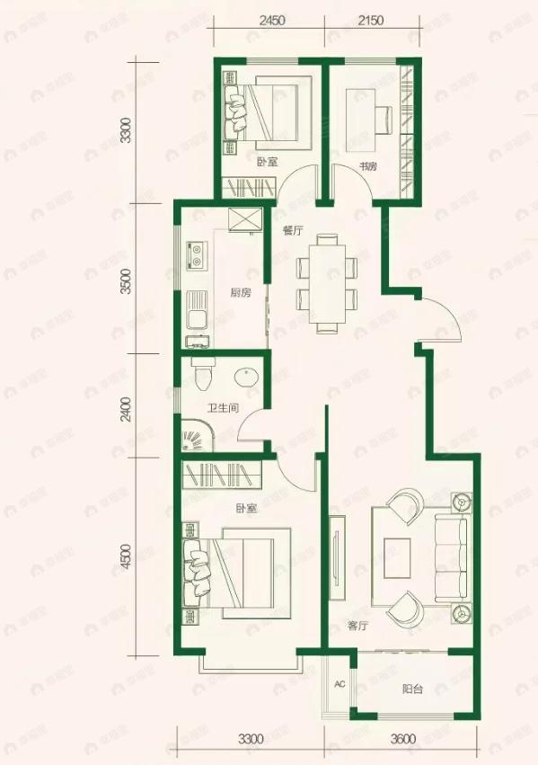 3室2厅1卫建面106平户型图