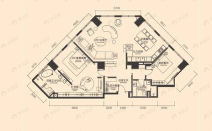 2室2厅2卫建面260平西|东户型图