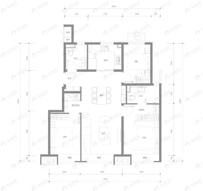 3室2厅2卫建面108平户型图