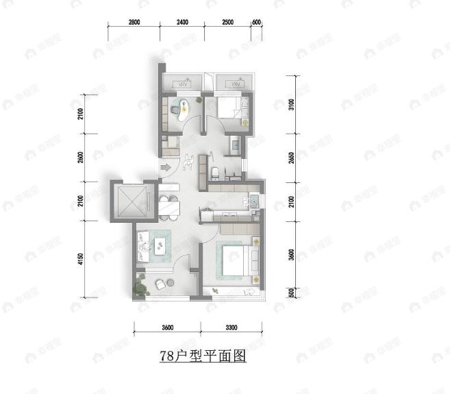 3室2厅1卫建面78平户型图
