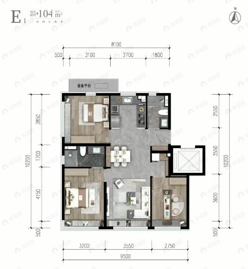 3室2厅2卫建面104m²户型图