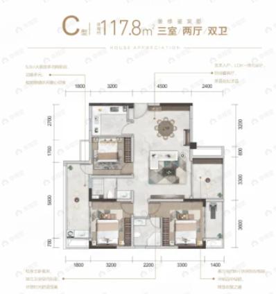 3室2厅2卫建面117平南户型图