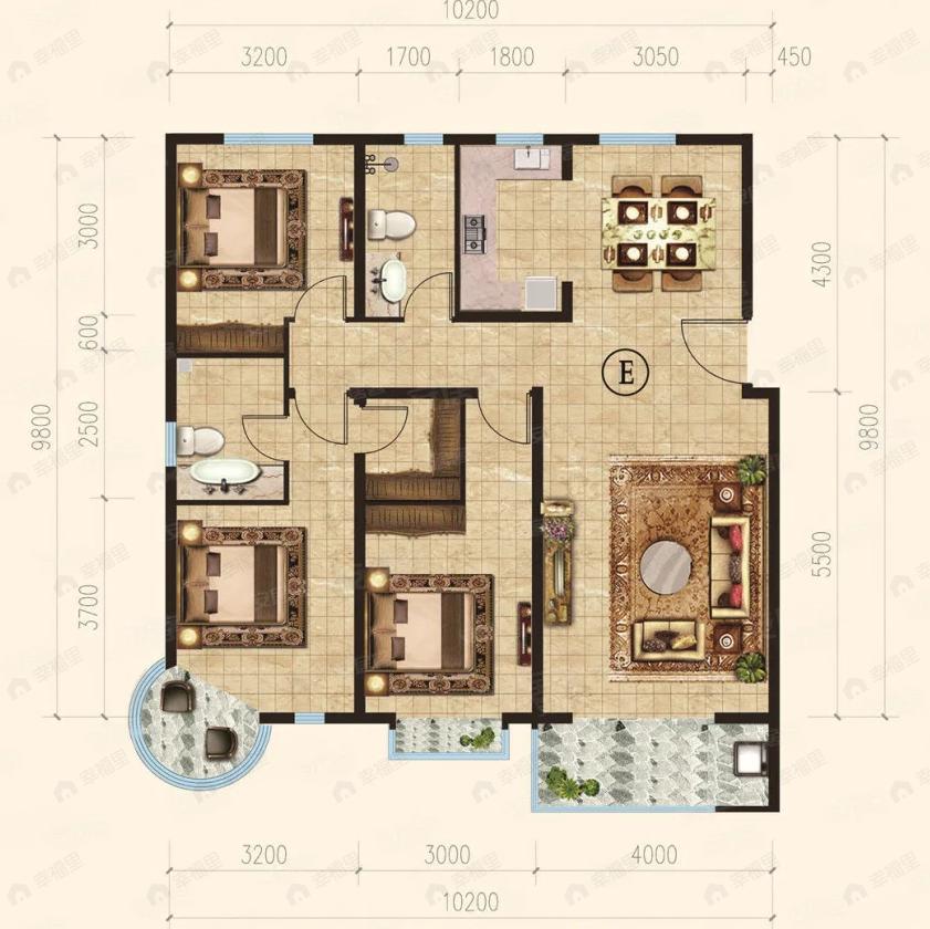 3室2厅2卫建面138平南|北户型图