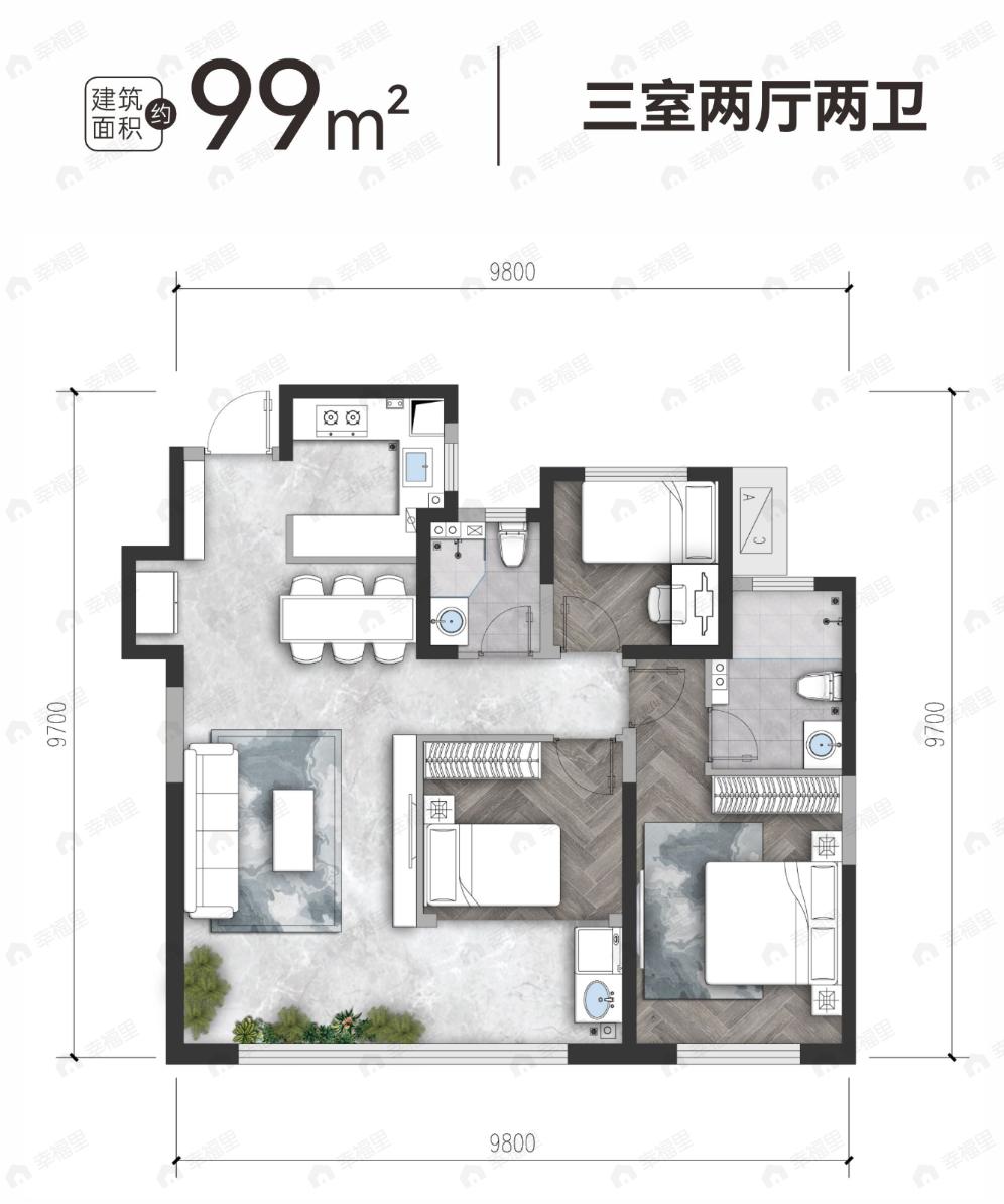 3室2厅2卫建面99平南户型图