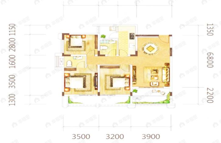 3室2厅2卫建面89平户型图