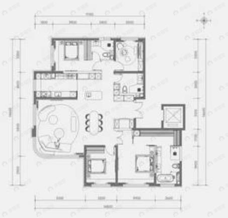 4室2厅3卫建面196平北|南户型图